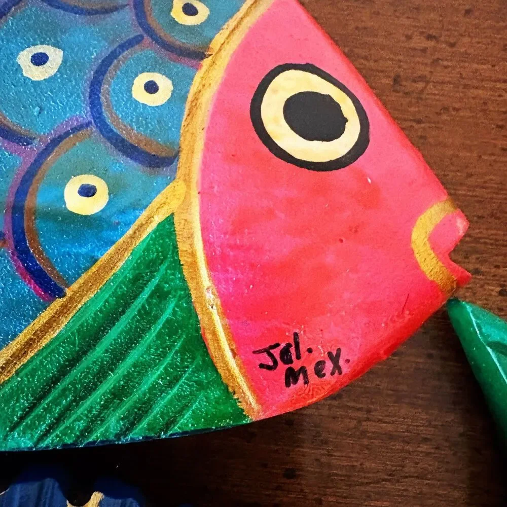 Hand Painted Tropical Fish Wood Carving Colorful Folk Art Wooden Figurine Mexico